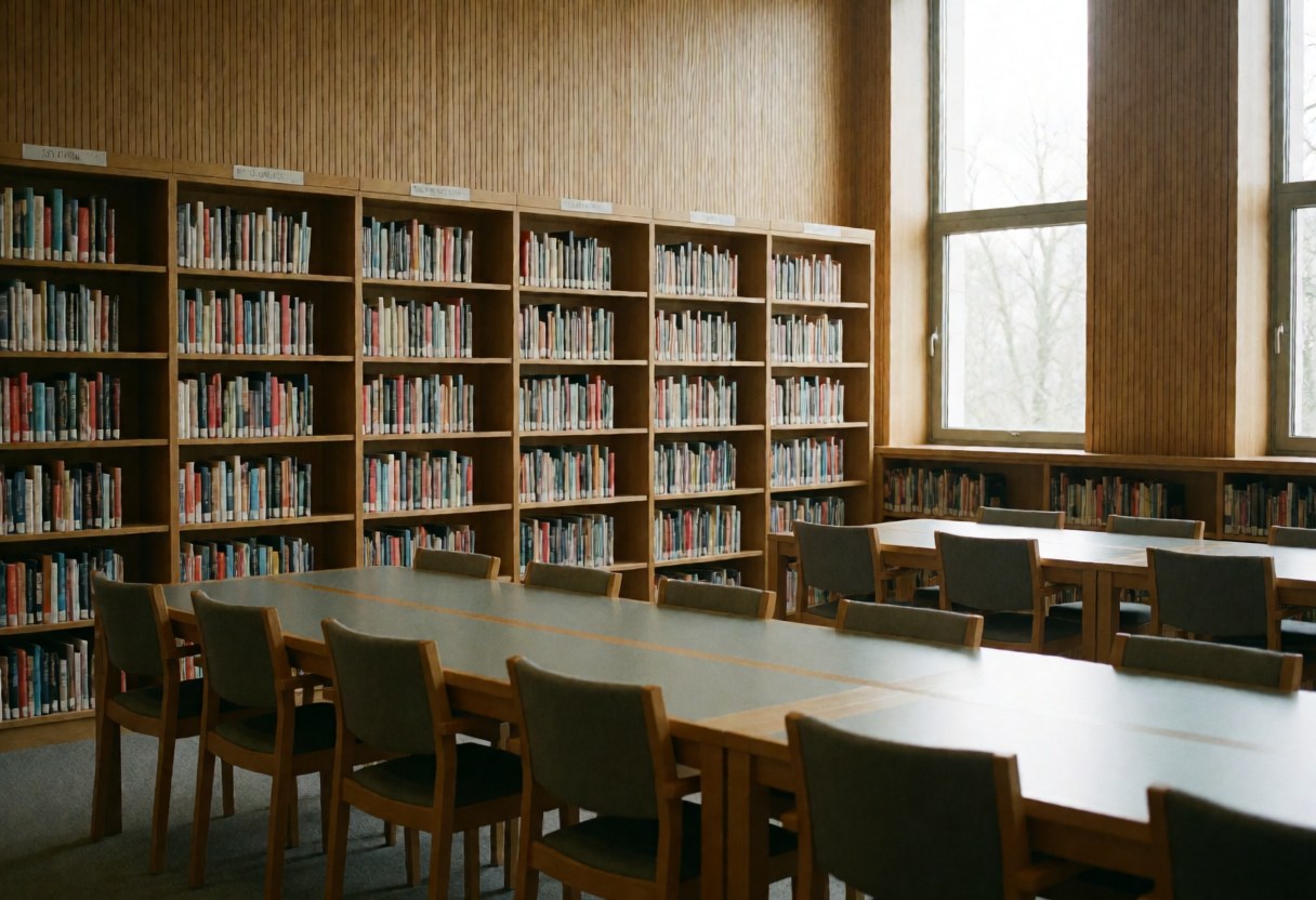 Spacious university library interior featuring wooden bookshelves, long study tables, and chairs illuminated by natural light from large windows.