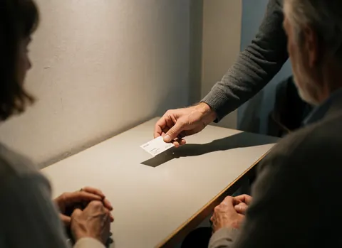 Adult hand placing a business card on an office desk with warm lighting and a gray wall, creating a professional and realistic scene.