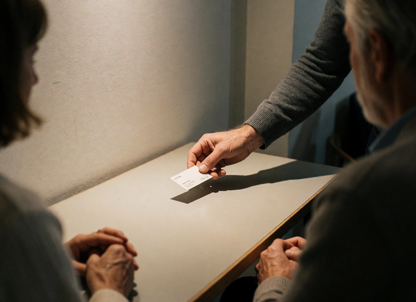 Adult hand placing a business card on an office desk with warm lighting and a gray wall, creating a professional and realistic scene.