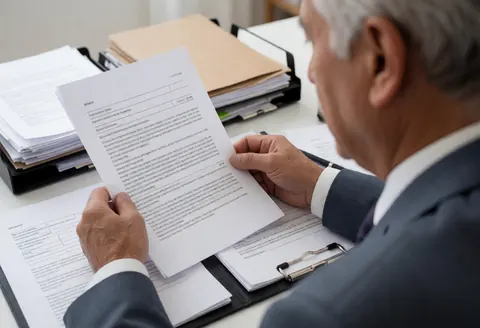 Senior lawyer in a suit reviewing documents at his desk with folders and papers in a professional office setting