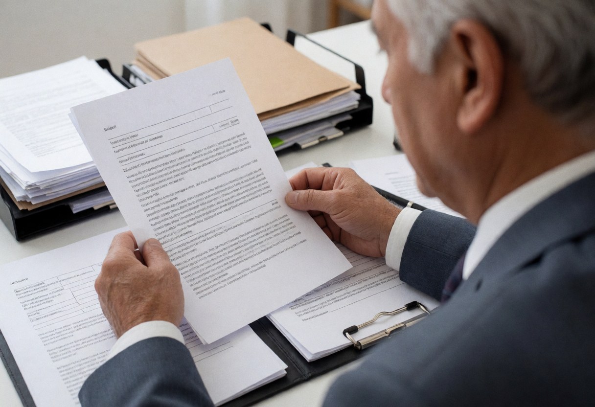 Senior lawyer in a suit reviewing documents at his desk with folders and papers in a professional office setting