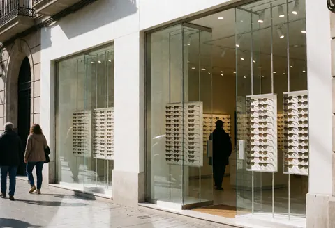 Modern optical shop facade with large glass windows, eyeglass frames in display cases, and few pedestrians walking on the street.
