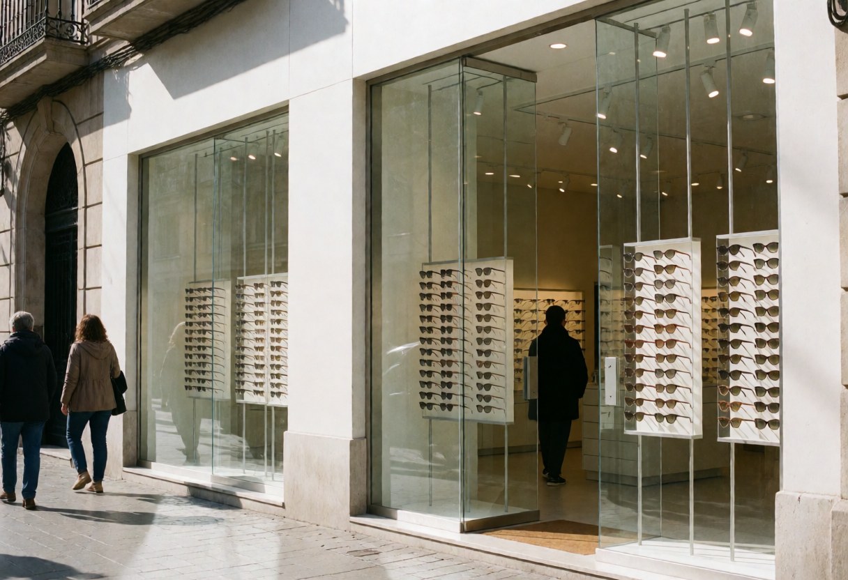 Modern optical shop facade with large glass windows, eyeglass frames in display cases, and few pedestrians walking on the street.