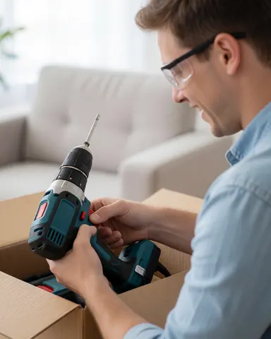 A smiling man holding a power drill while working on a do-it-yourself home improvement task in a bright room