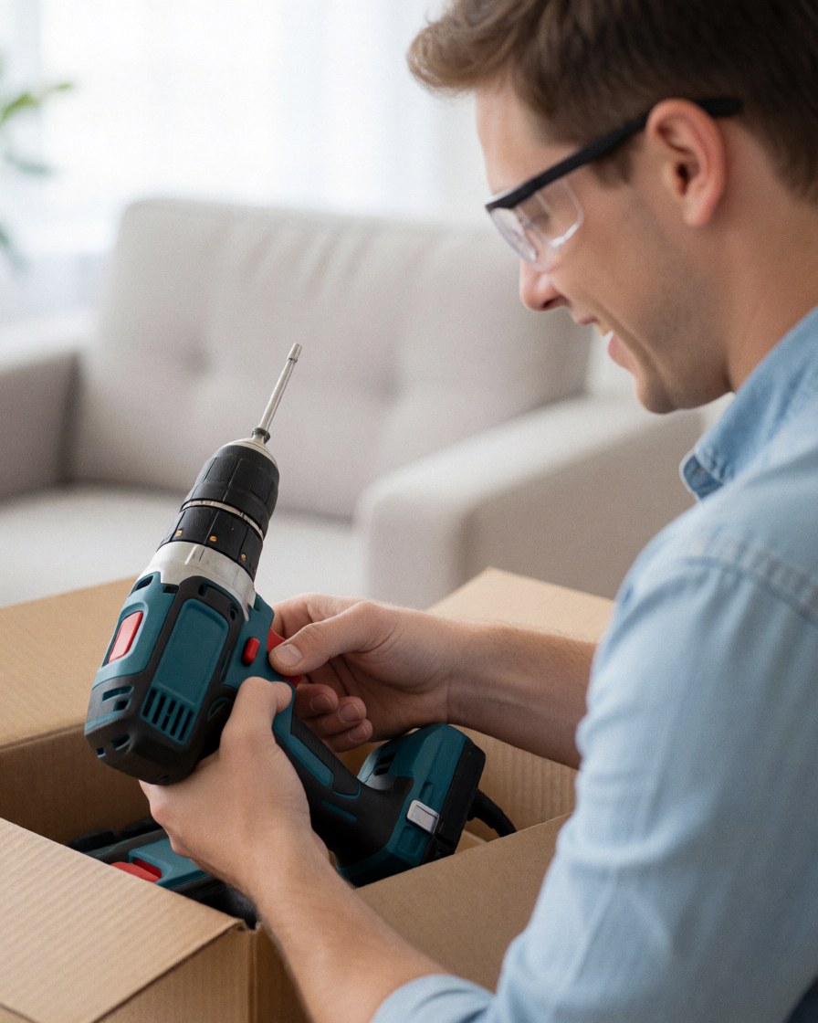 A smiling man holding a power drill while working on a do-it-yourself home improvement task in a bright room