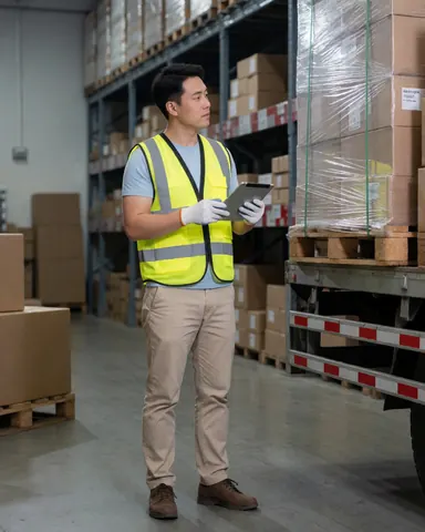 Team members checking inventory in a warehouse for a moving company