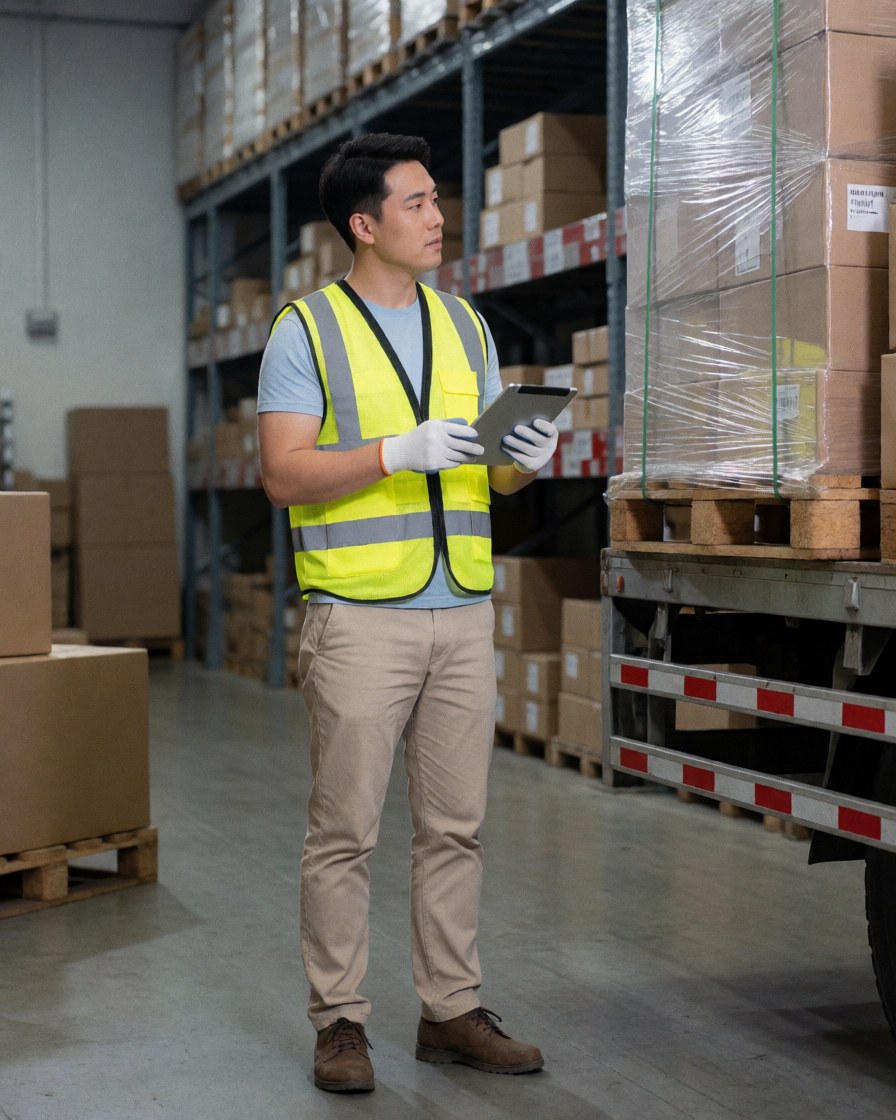 Team members checking inventory in a warehouse for a moving company