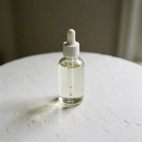 A clear glass bottle of organic massage oil with a dropper top, isolated on a clean white background, suitable for spa and wellness product displays.