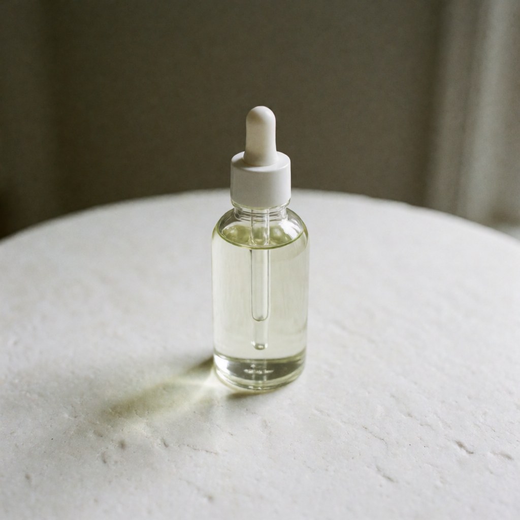 A clear glass bottle of organic massage oil with a dropper top, isolated on a clean white background, suitable for spa and wellness product displays.