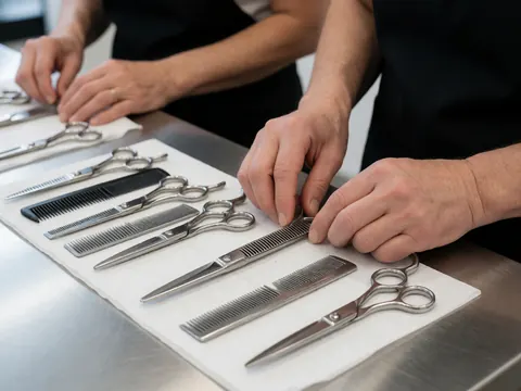 Professional dog grooming clippers and combs arranged on a clean stainless steel table with hands working precisely under bright lighting