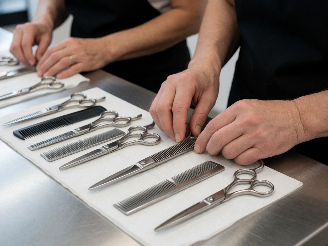 Professional dog grooming clippers and combs arranged on a clean stainless steel table with hands working precisely under bright lighting