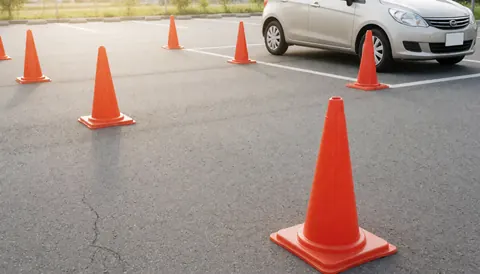 Orange traffic cones arranged on asphalt in a driving school practice lot with a parked car, illustrating vehicle training and parking exercises.