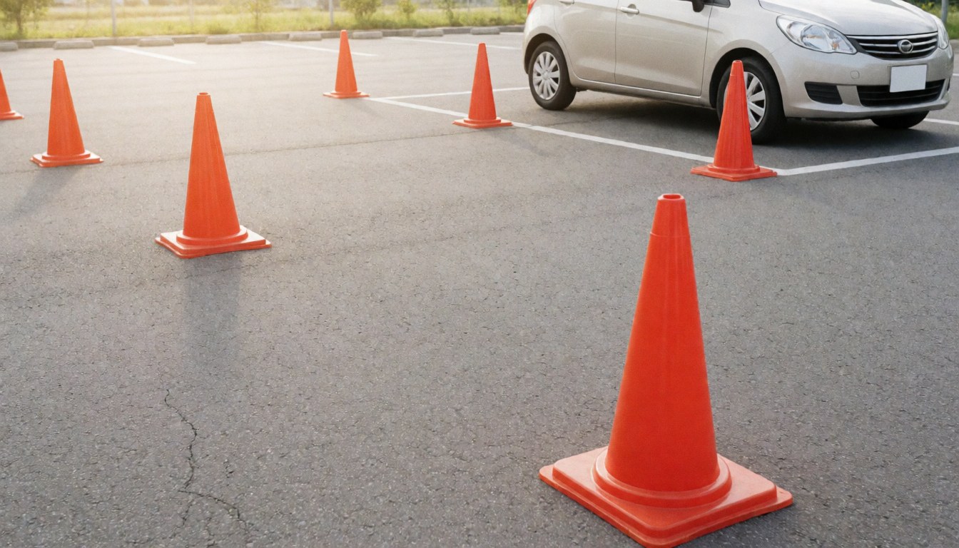 Orange traffic cones arranged on asphalt in a driving school practice lot with a parked car, illustrating vehicle training and parking exercises.