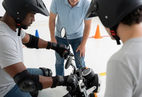 A student practices riding a motorcycle on a course marked by cones while an instructor observes nearby
