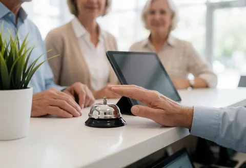 Close-up of a hand pressing a service bell on a reception counter with a tablet and plant, blurred office background