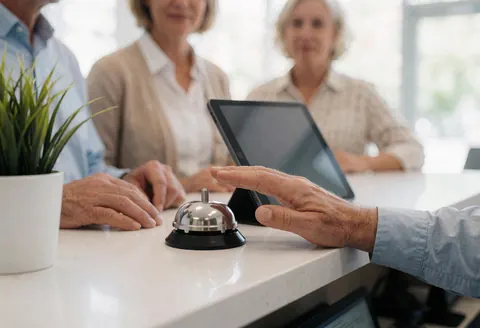 Close-up of a hand pressing a service bell on a reception counter with a tablet and plant, blurred office background