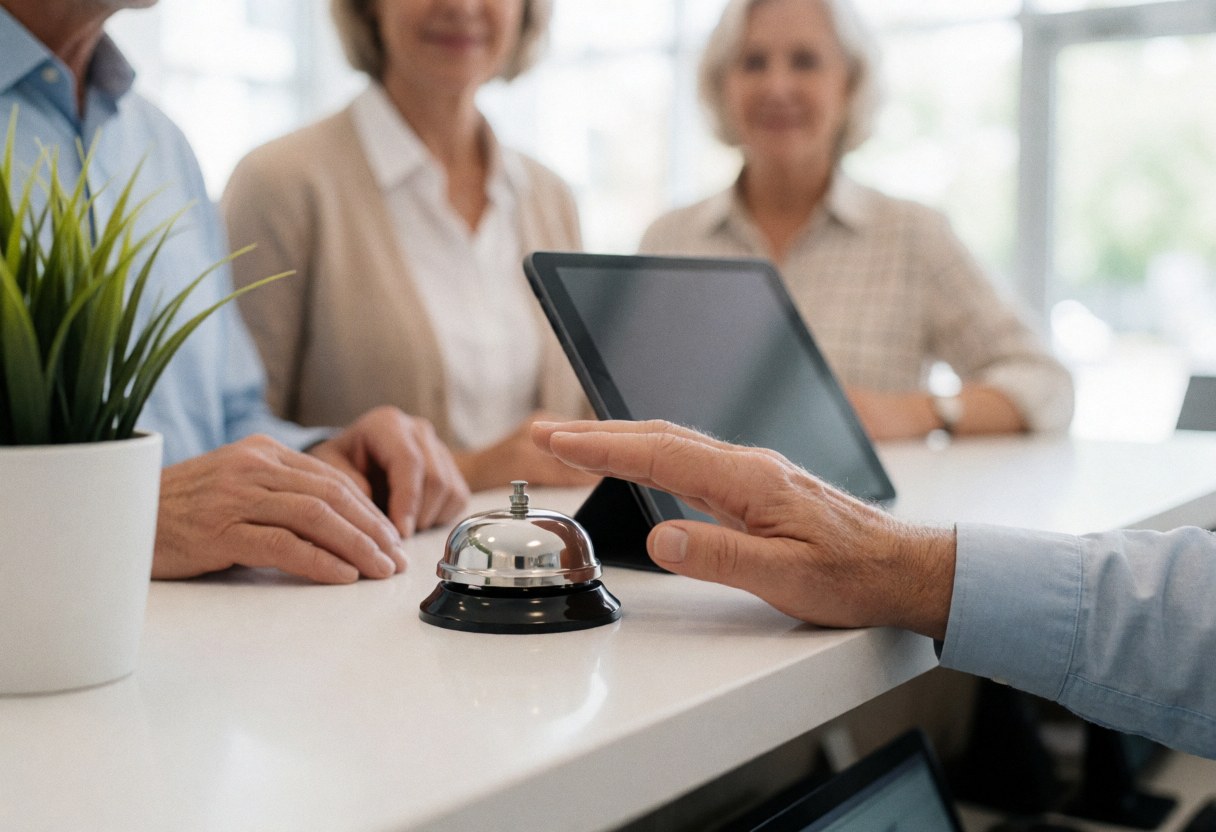 Close-up of a hand pressing a service bell on a reception counter with a tablet and plant, blurred office background
