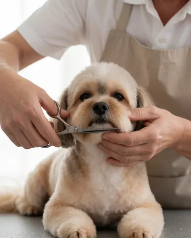 A professional groomer uses round scissors to trim the fur of a calm small dog on a table with soft lighting