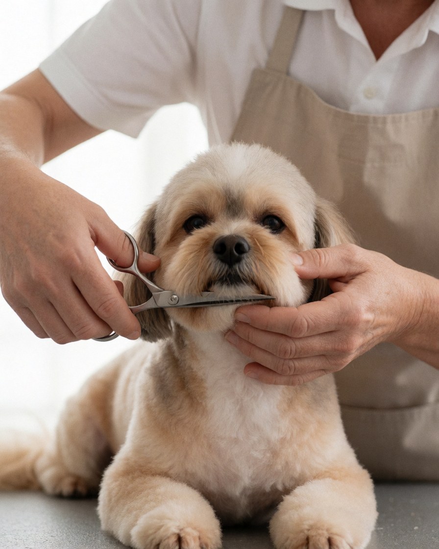 A professional groomer uses round scissors to trim the fur of a calm small dog on a table with soft lighting