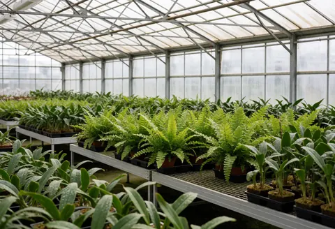 Interior view of a glass orchid greenhouse filled with healthy green plants and ornamental foliage in an organized setting