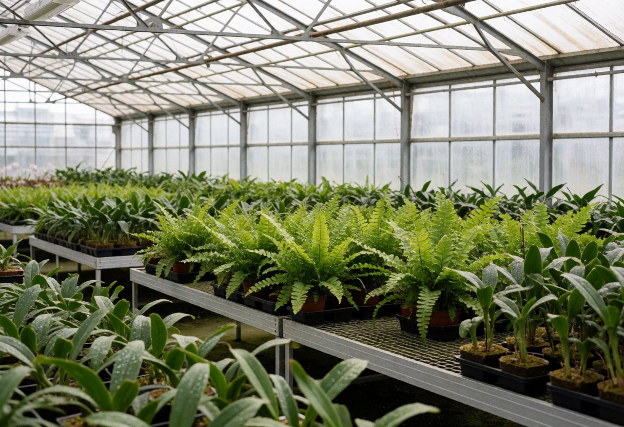 Interior view of a glass orchid greenhouse filled with healthy green plants and ornamental foliage in an organized setting
