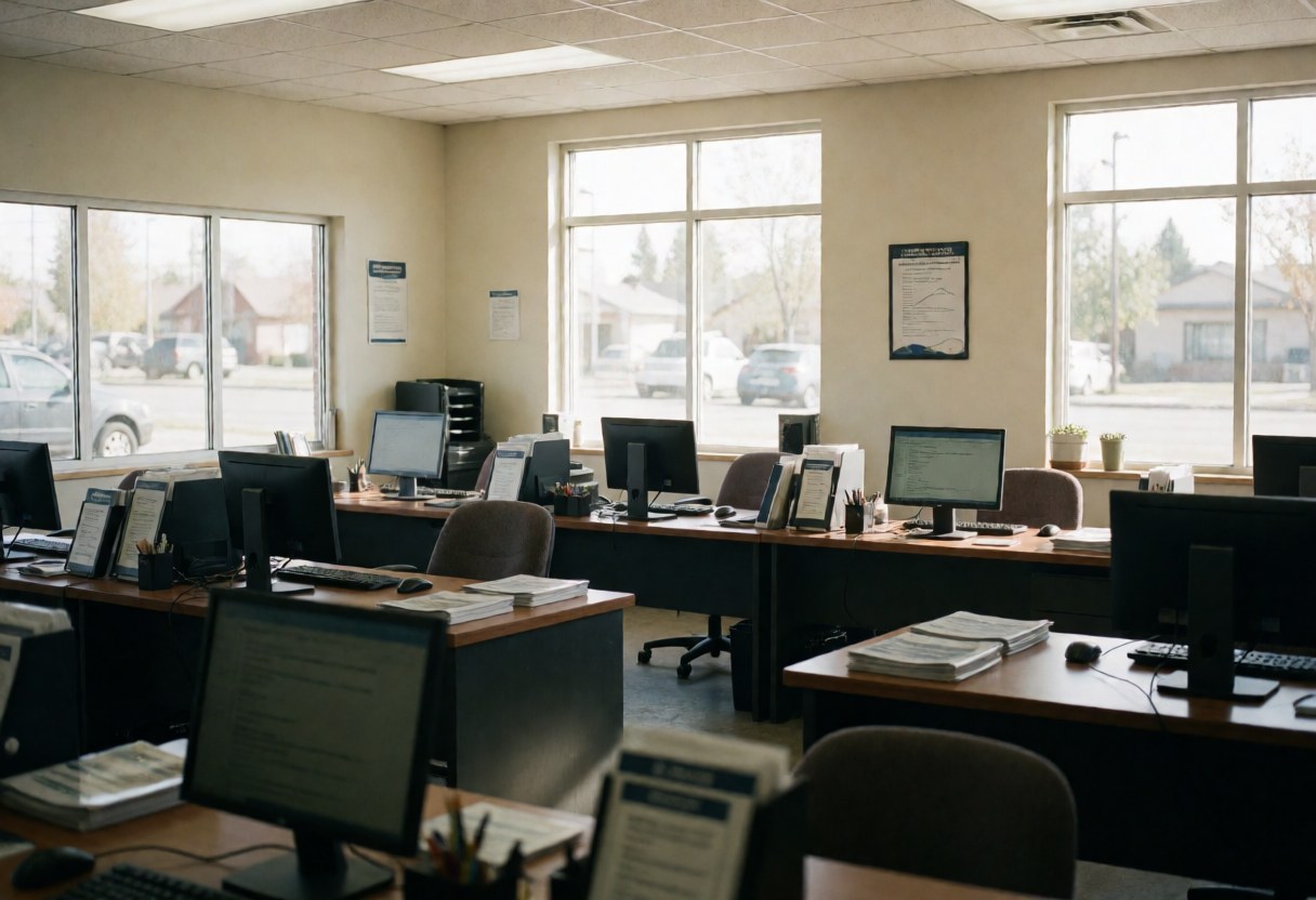 Empty driving school office with desks, chairs, computers, manuals, natural light, and a professional clean atmosphere