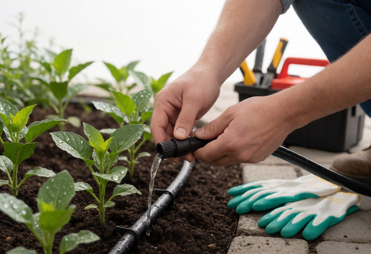 Hands connecting an irrigation hose between young plants in a garden with tools and gloves on the ground under bright natural light
