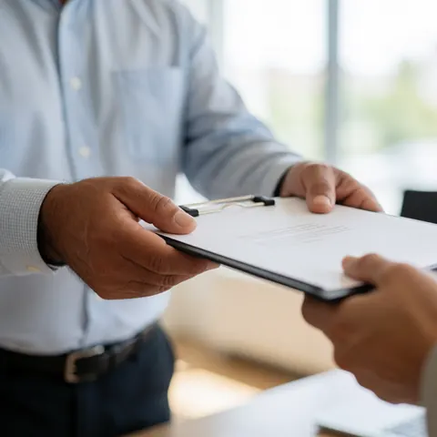 A close-up view of a hand holding a document folder, symbolizing customer service and business transactions in a bright office environment.
