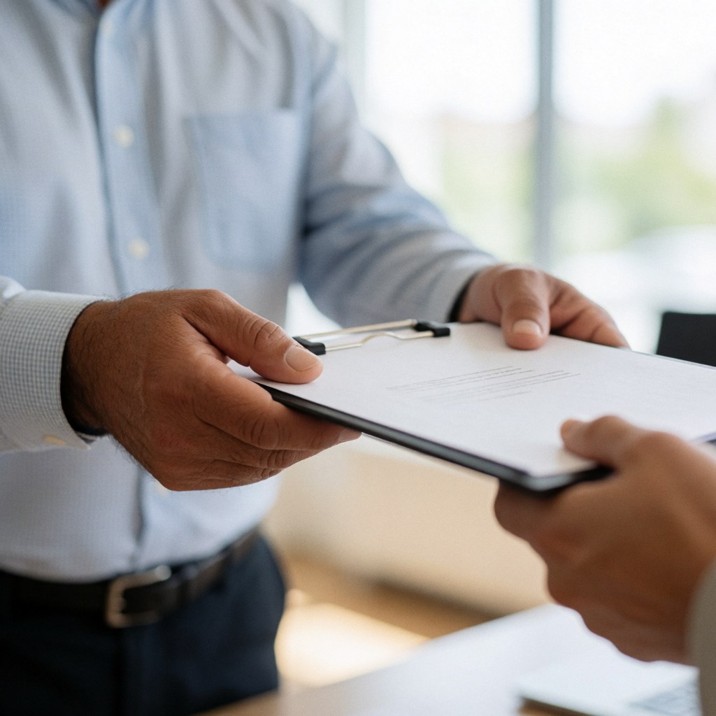 A close-up view of a hand holding a document folder, symbolizing customer service and business transactions in a bright office environment.