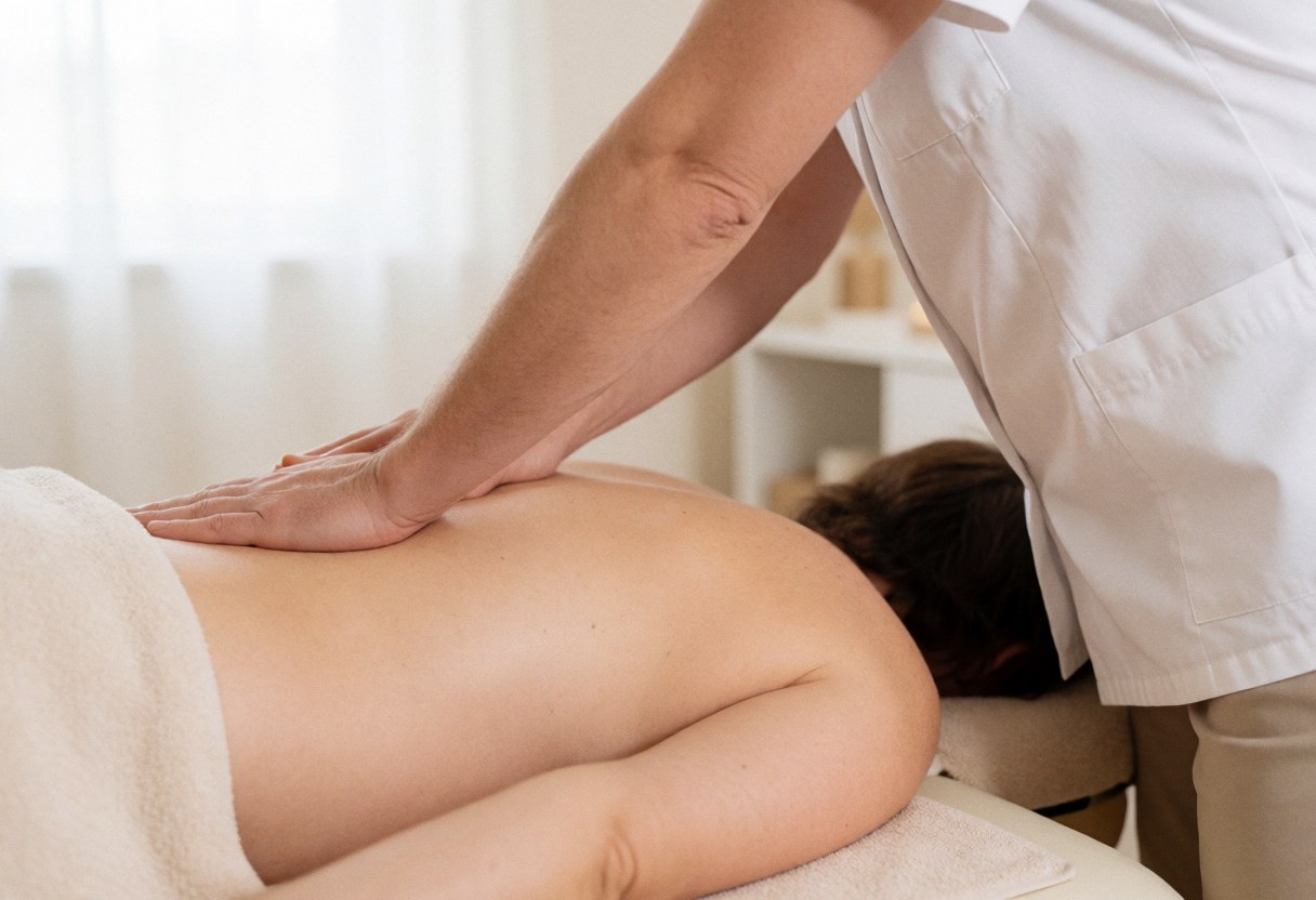 Professional masseuse applying a back massage to a client resting on a table in a softly lit spa room