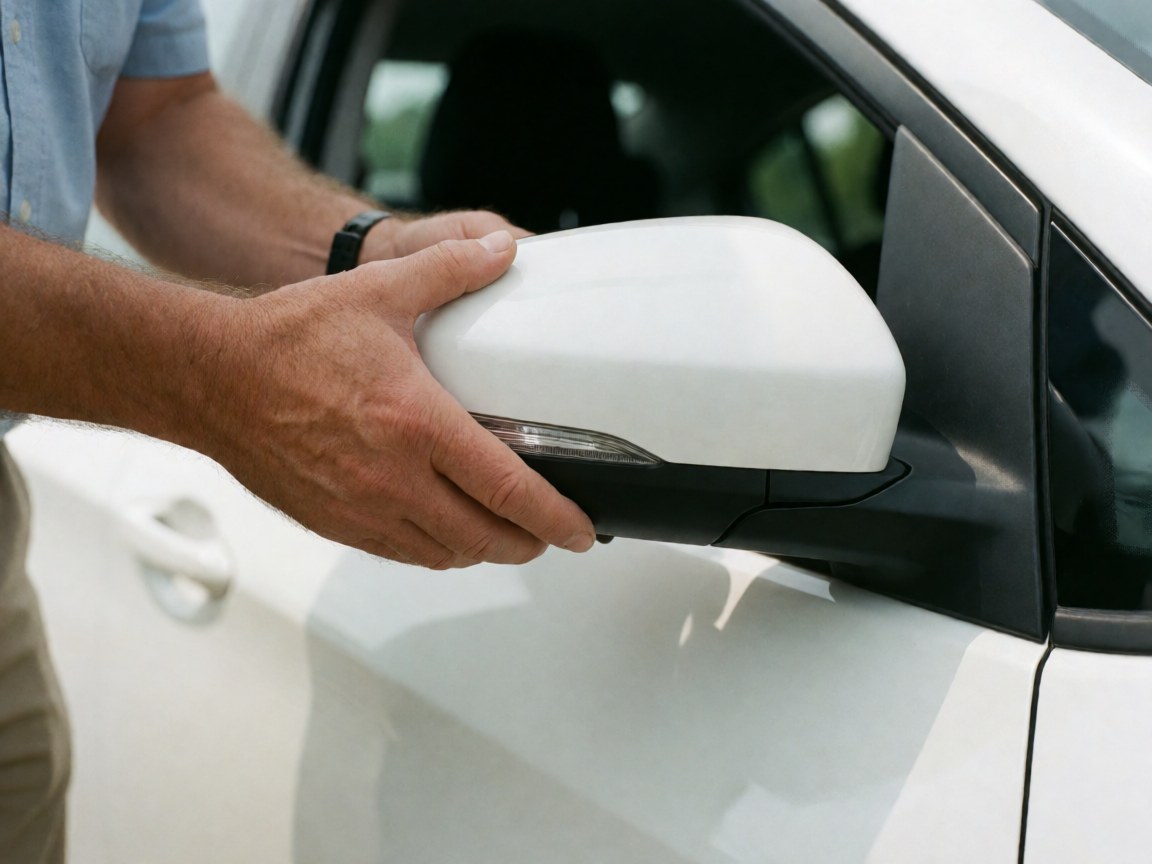 Close-up view of a hand adjusting the side-view mirror of a white vehicle during driving school training