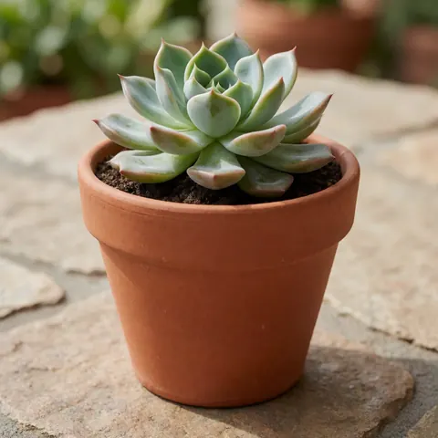 A healthy succulent plant in a terracotta pot sits on a stone table with natural light and a blurred background, ideal for landscaping and gardening product displays.