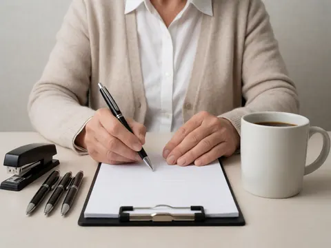 Adult writing in a notebook with pens, stapler, and coffee cup on an organized desk in a modern office.