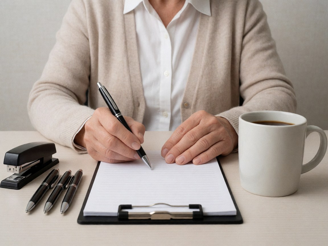 Adult writing in a notebook with pens, stapler, and coffee cup on an organized desk in a modern office.