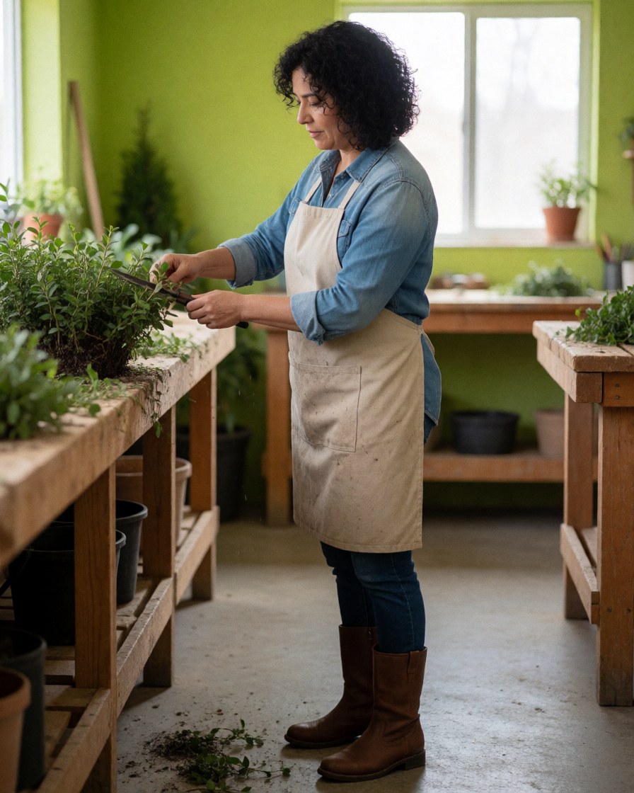A person performing detailed pruning on plants using shears in a workshop setting with tools and greenery visible near a window.