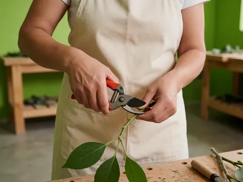 Detailed view of hands using pruning shears to trim tree branches and greenery for landscaping maintenance