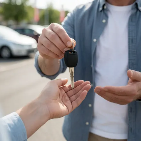 A driving school instructor hands a car key to a new student in a parking lot, symbolizing trust and the start of their driving journey.
