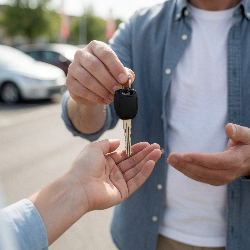 A driving school instructor hands a car key to a new student in a parking lot, symbolizing trust and the start of their driving journey.