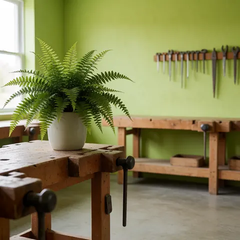 A neatly arranged green plant sitting on a wooden surface, surrounded by gardening tools and supplies in a workshop setting.