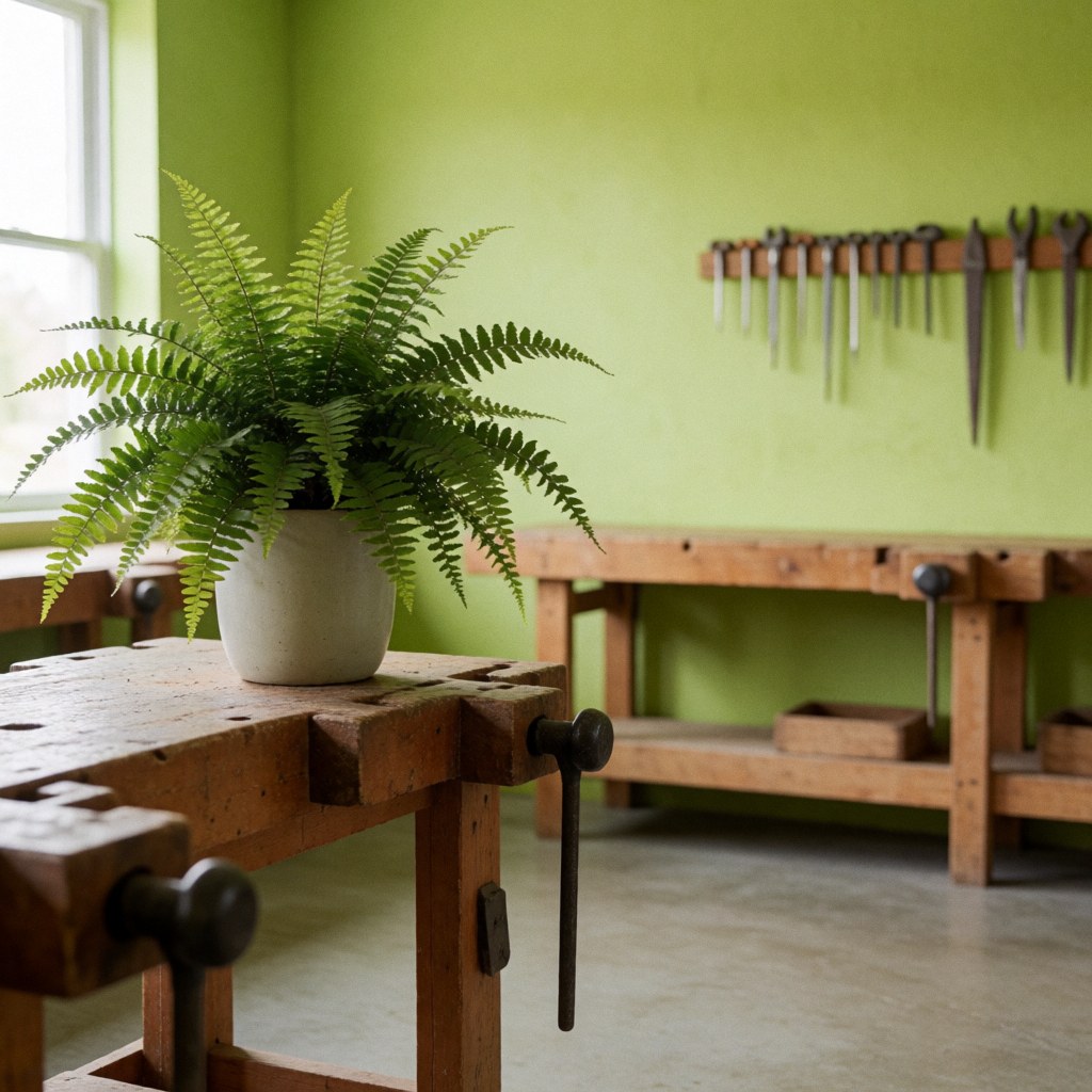 A neatly arranged green plant sitting on a wooden surface, surrounded by gardening tools and supplies in a workshop setting.