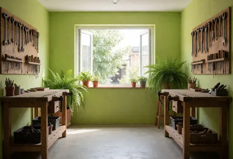 Gardening workshop featuring green walls, wooden tables, hanging tools, and plants, ideal for landscaping businesses.