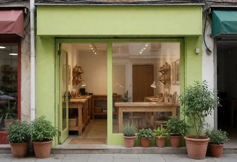 Open storefront of a landscaping and gardening shop displaying wooden tables and potted plants in a cozy, professional interior.