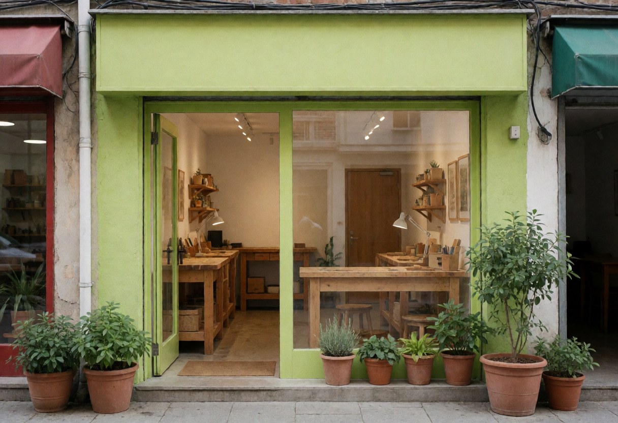 Open storefront of a landscaping and gardening shop displaying wooden tables and potted plants in a cozy, professional interior.
