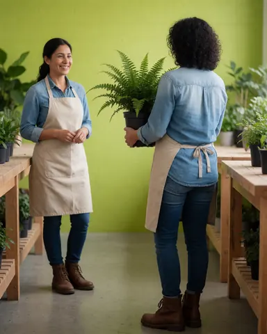 A smiling woman in an apron stands next to a large potted fern in a workshop setting, looking pleased with the plant selection for landscaping purposes.