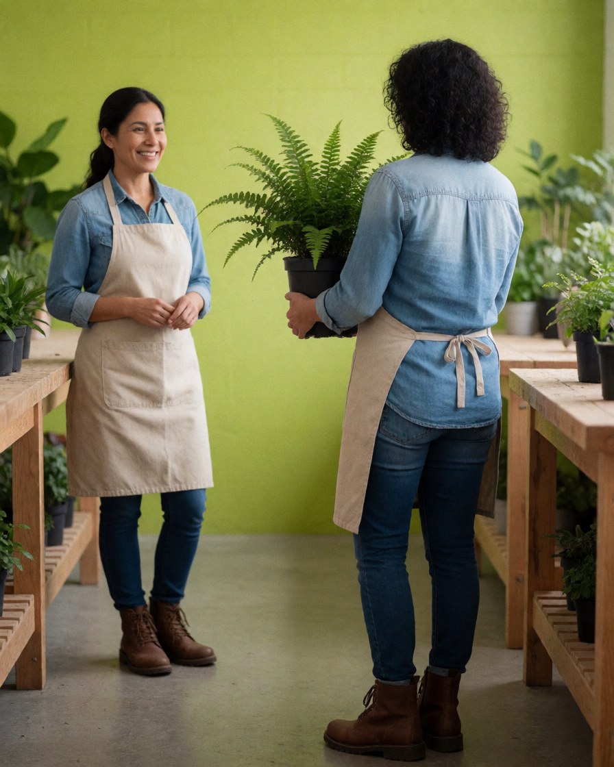 A smiling woman in an apron stands next to a large potted fern in a workshop setting, looking pleased with the plant selection for landscaping purposes.