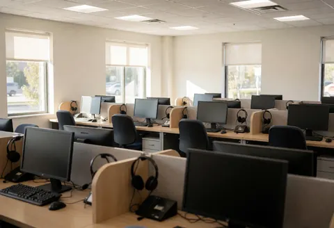 Empty customer service office with desks, computers, headsets, and chairs, illuminated by natural light from windows, creating a professional workspace ready for business.