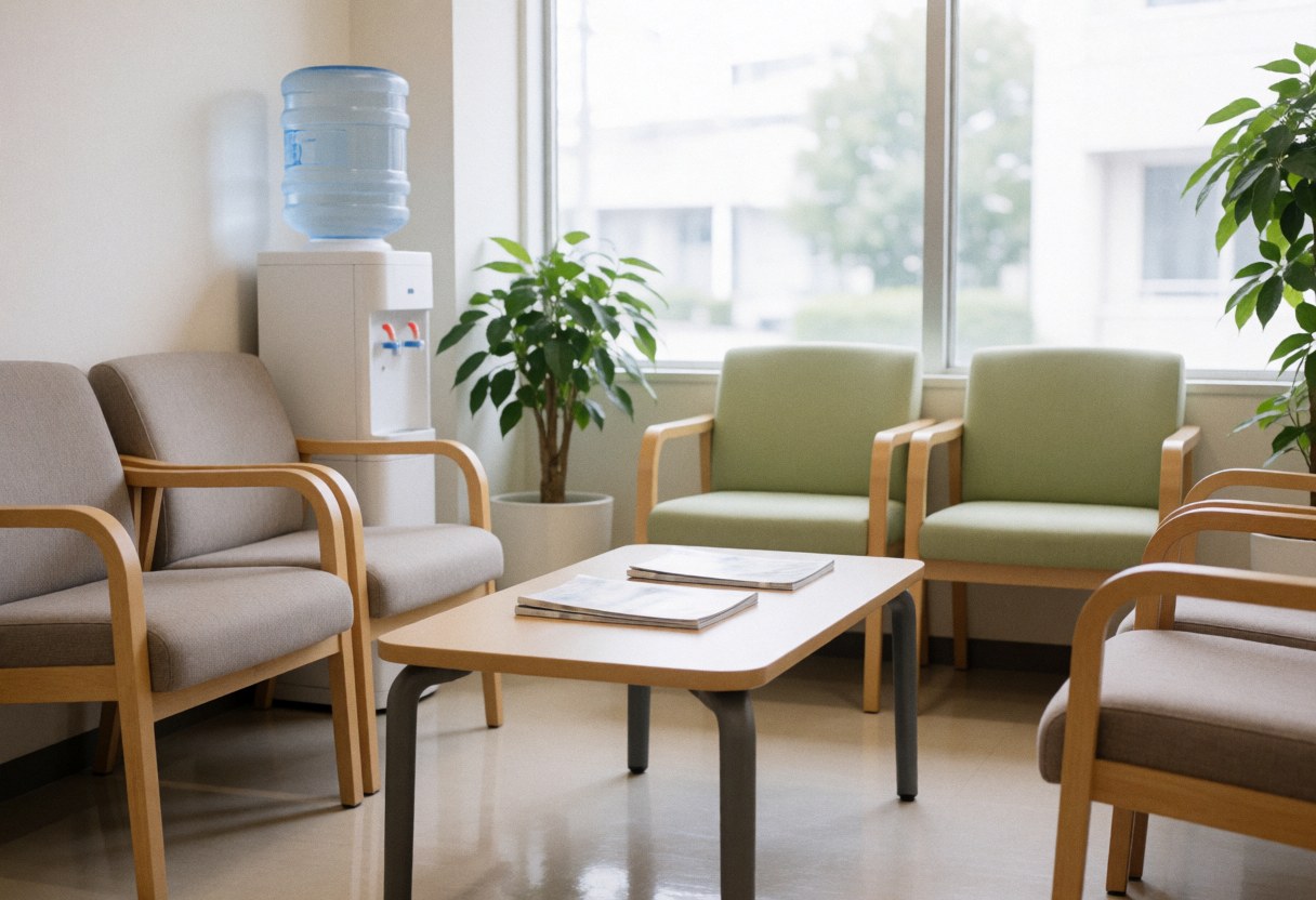 A comfortable reception waiting area featuring chairs, a table, a water dispenser, plants, and natural light in a modern office space