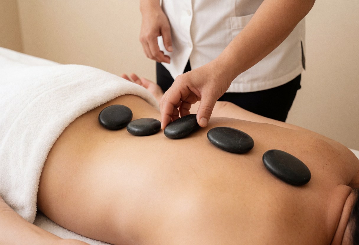 A therapist carefully places heated basalt stones along the spine of a client during a relaxing spa treatment session.