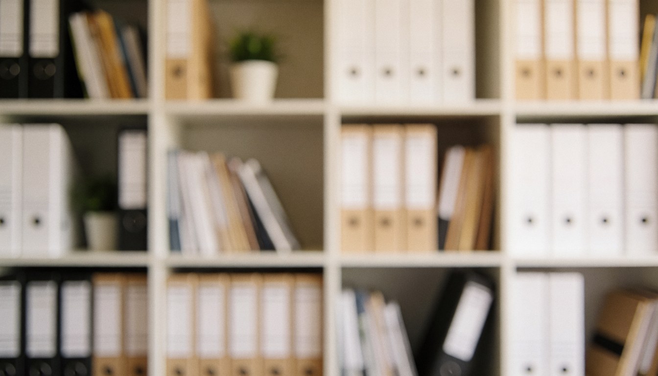 Out of focus office shelving unit holding file folders and small plants, serving as a clean white background for text or web design