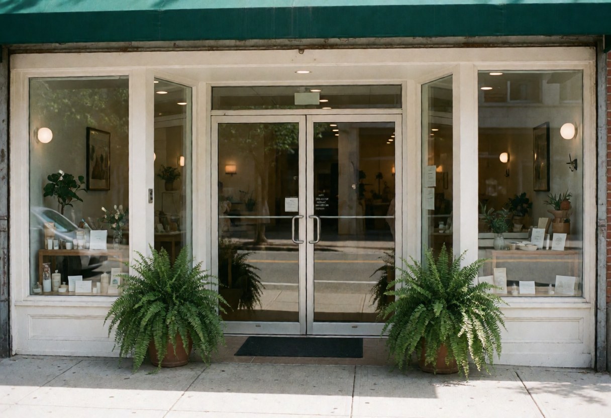Clean spa entrance featuring glass doors, potted green ferns, and natural light, ideal for wellness and massage business marketing.